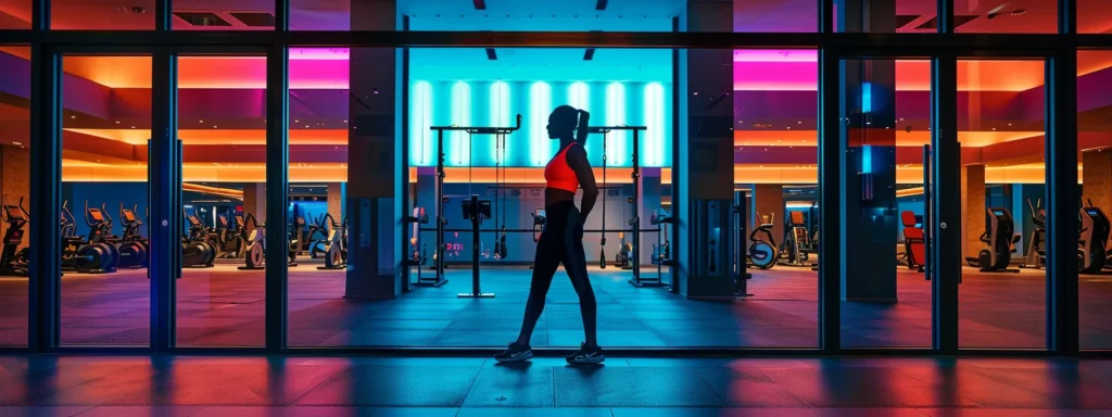 a confident individual stands at the entrance of a sleek, modern gym, dressed in vibrant workout attire with a water bottle in hand, as motivational posters and dynamic lighting create an inviting atmosphere for their first personal training session.