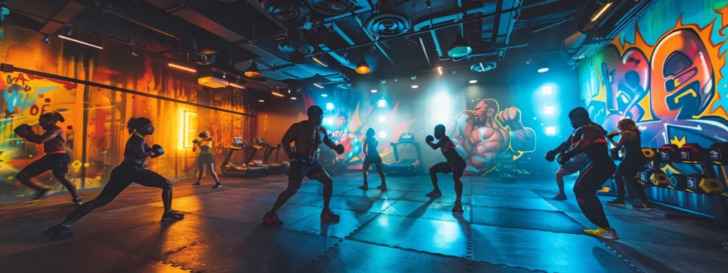 a dynamic fitness studio filled with energetic individuals engaged in various training sessions, showcasing a vibrant atmosphere that emphasizes personalized fitness goals, including boxing and mixed martial arts, with bold murals on the walls and modern workout equipment prominently displayed.
