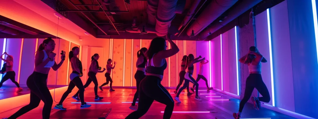 a dynamic fitness studio in santa monica showcases a dedicated trainer leading a high-energy workout session, with engaged participants following precise warm-up routines and tracking their progress on smart devices, all under bright, focused lighting that emphasizes the intensity and purpose of their first training program.
