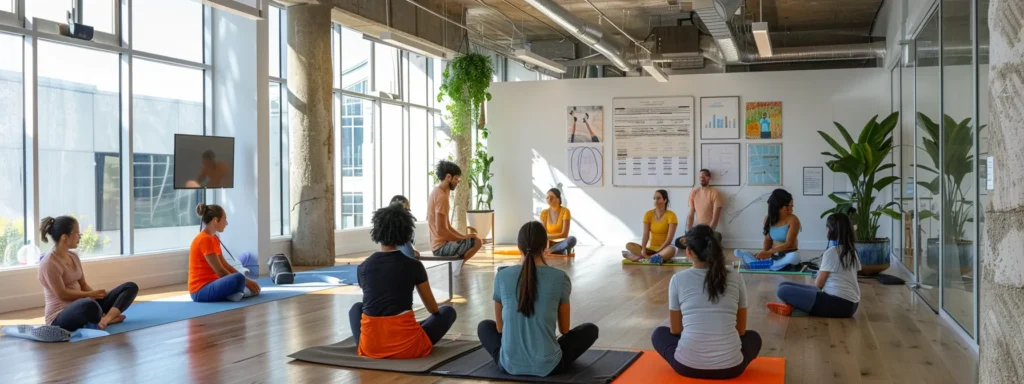 a modern, well-lit fitness studio features a diverse group of individuals engaged in a motivational coaching session, with progress charts and fitness journals visible on the sleek, minimalistic tables, embodying the spirit of goal-setting and community growth in personal training.