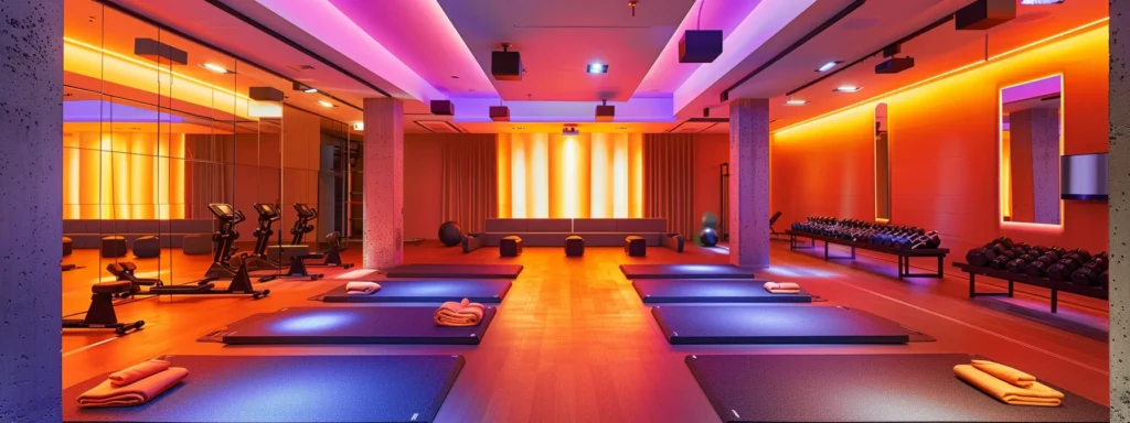 a spacious and well-organized fitness studio showcases state-of-the-art equipment and a vibrant class atmosphere, illuminated by soft overhead lighting, creating an inviting and professional training environment.