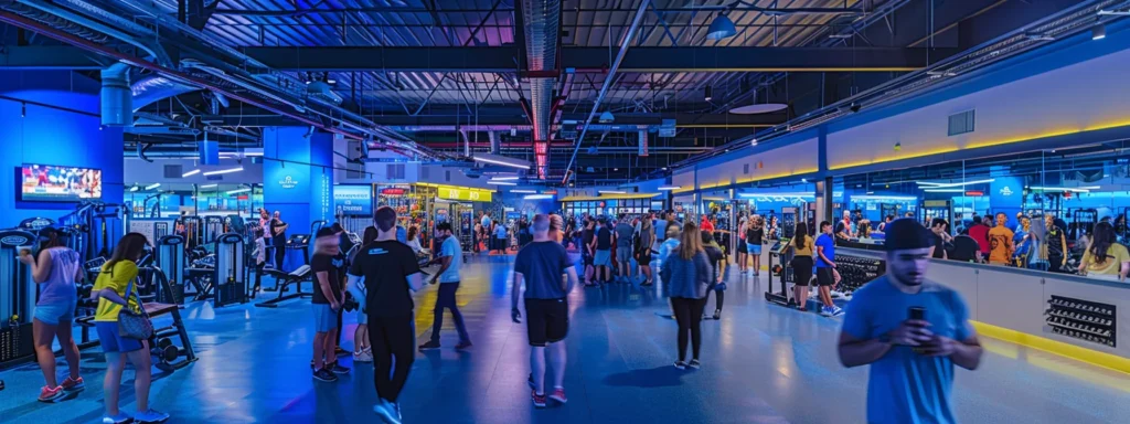 a vibrant gym interior bustling with engaged visitors touring the facility, interacting with enthusiastic staff and trainers amidst a backdrop of modern workout equipment, showcasing the gym's cleanliness and dynamic environment.
