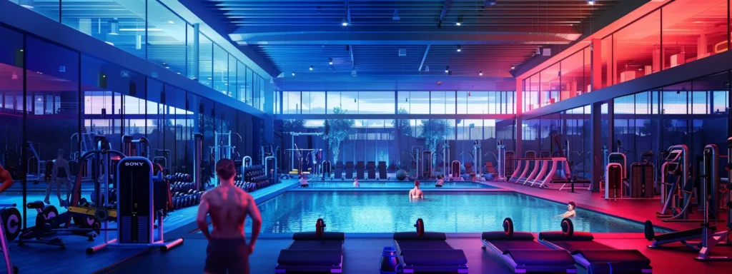 a vibrant urban gym interior bustling with energetic individuals engaged in f45 training, distinct workout zones featuring muscle-building equipment and a clear view of a modern swimming pool, all under dynamic, focused lighting.