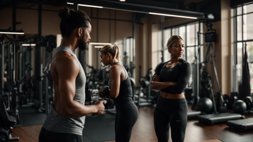 a dynamic fitness studio scene showcases an individual engaged in a consultation with a personal trainer, surrounded by various training equipment and motivational posters, emphasizing the journey of identifying fitness objectives and tailoring a personalized training plan.