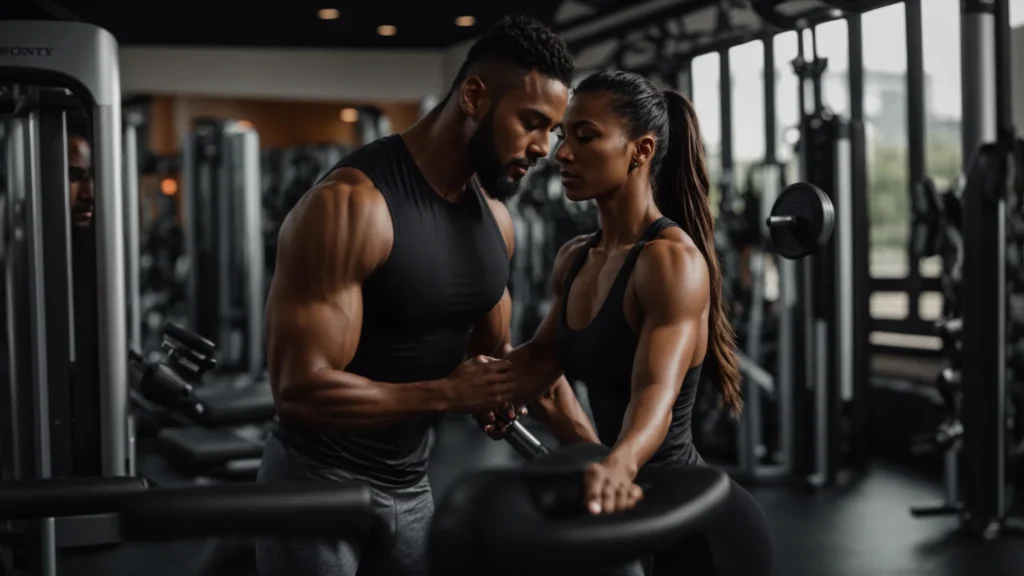 a focused fitness consultation scene in a modern gym, featuring a knowledgeable personal trainer engaging with a diverse client, surrounded by advanced fitness equipment and motivational posters highlighting training specialties and nutrition expertise.