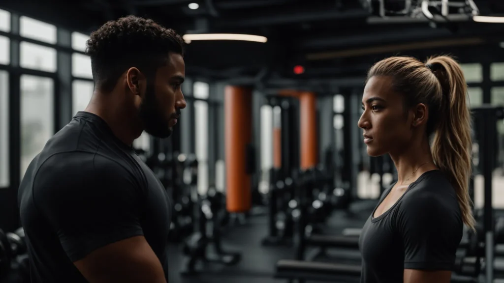 a focused personal trainer and client engage in a dynamic discussion in a modern gym setting, emphasizing their training philosophy and compatibility amidst sleek equipment and motivational wall art.