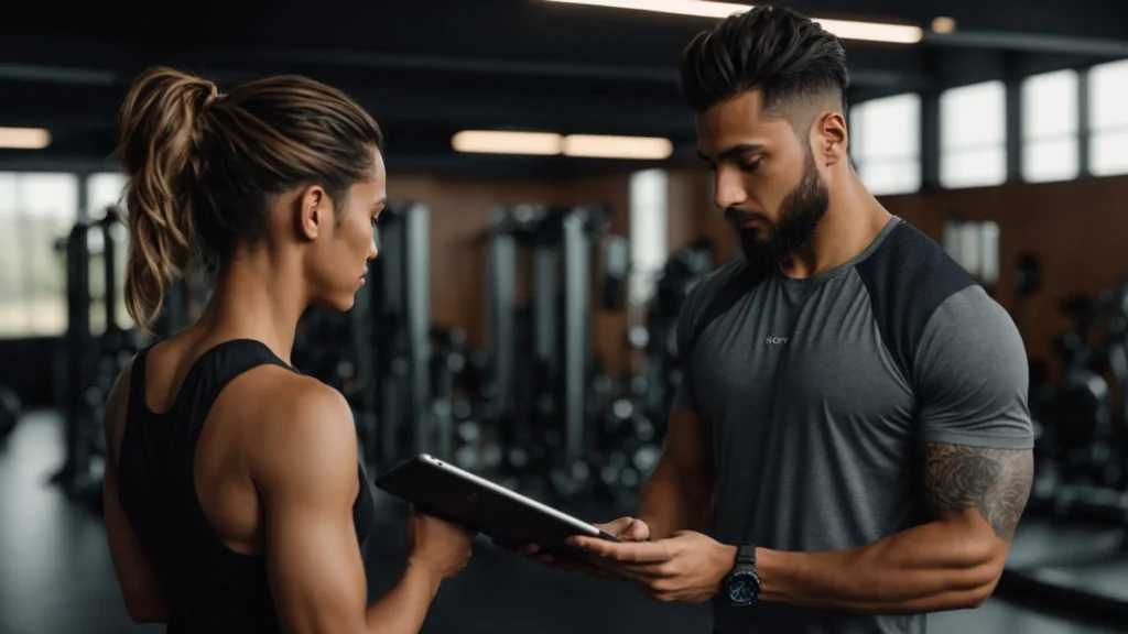 a focused personal trainer and client strategize over a digital tablet in a modern gym, highlighting their collaborative approach to setting milestones and tracking fitness progress in an energizing indoor space.