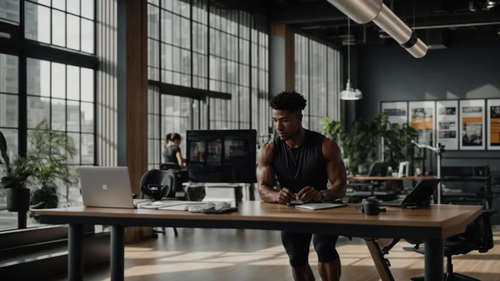 a modern fitness office scene features a professional personal trainer discussing flexible pricing options with a client at a sleek desk, surrounded by promotional materials and motivational fitness posters on the walls.