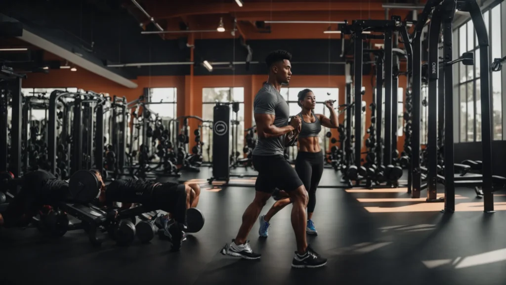 an energetic personal training session in a modern santa monica gym, featuring a focused trainer assisting a motivated client amidst a vibrant array of fitness equipment and motivational banners.