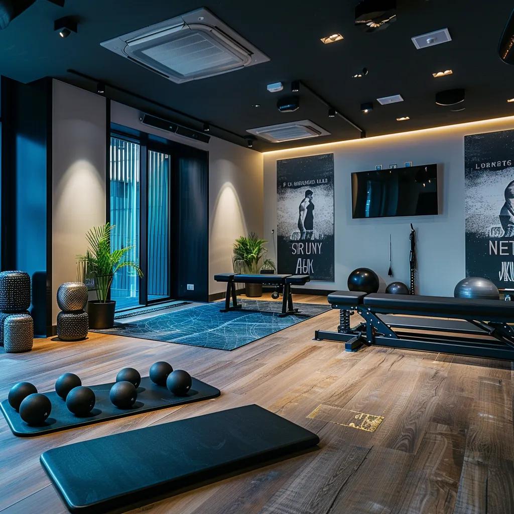 a sleek, modern private personal training studio features advanced fitness equipment arranged for an exclusive workout experience, with motivational quotes elegantly displayed on the walls to inspire clients on their fitness journeys.