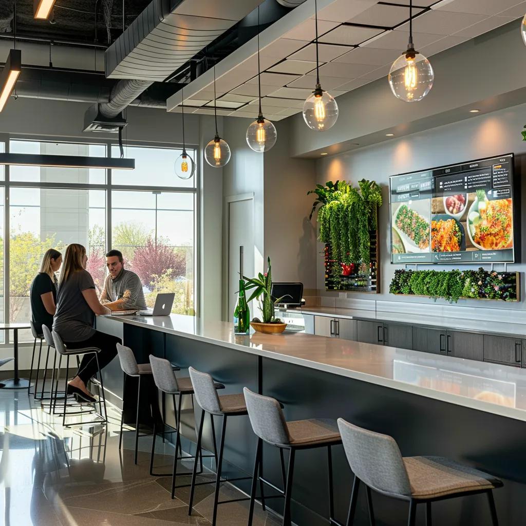 a vibrant, modern office space showcases a nutrition coach engaging with clients through interactive digital meal plans displayed on sleek devices, emphasizing tailored guidance for busy lifestyles.