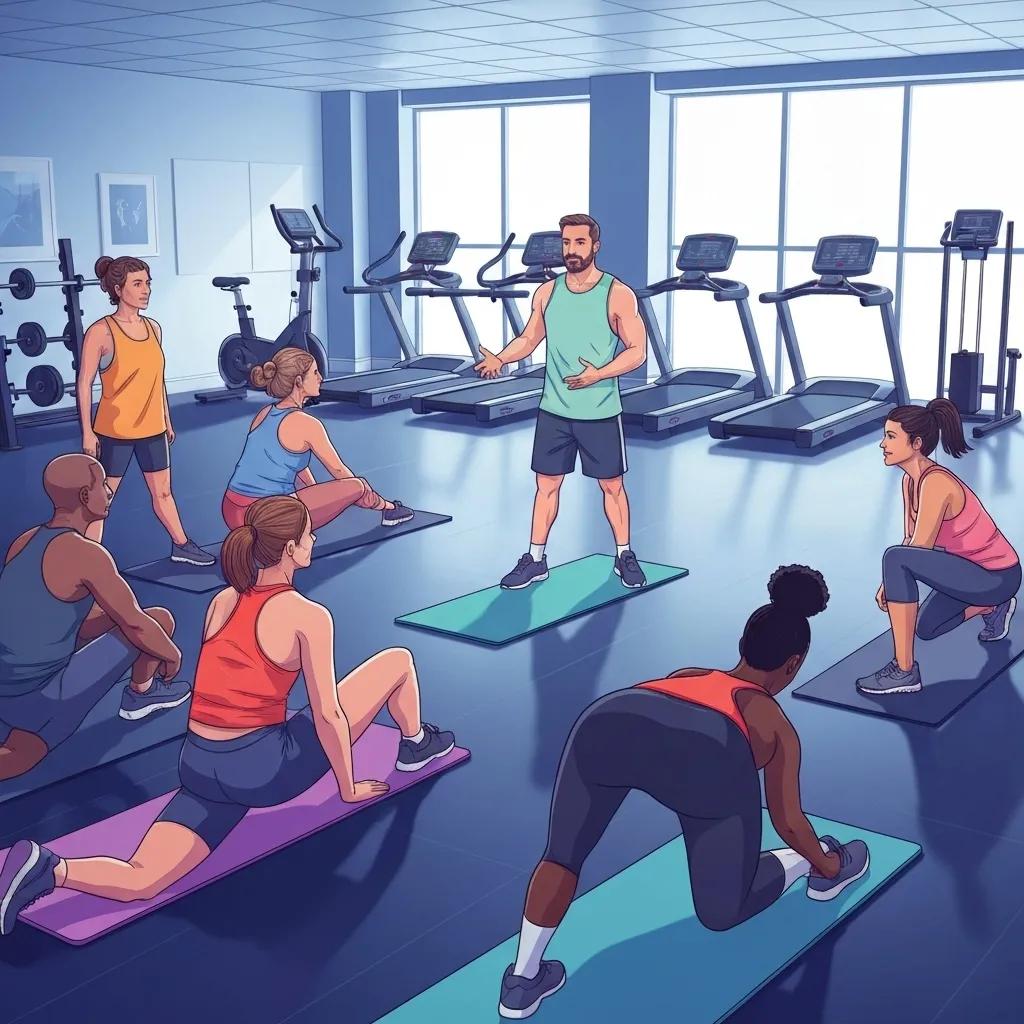 Small group personal training session in a modern gym, highlighting community and expert guidance
