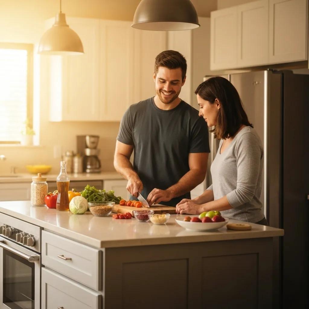 Nutrition coach demonstrating healthy meal preparation with fresh ingredients in a welcoming kitchen
