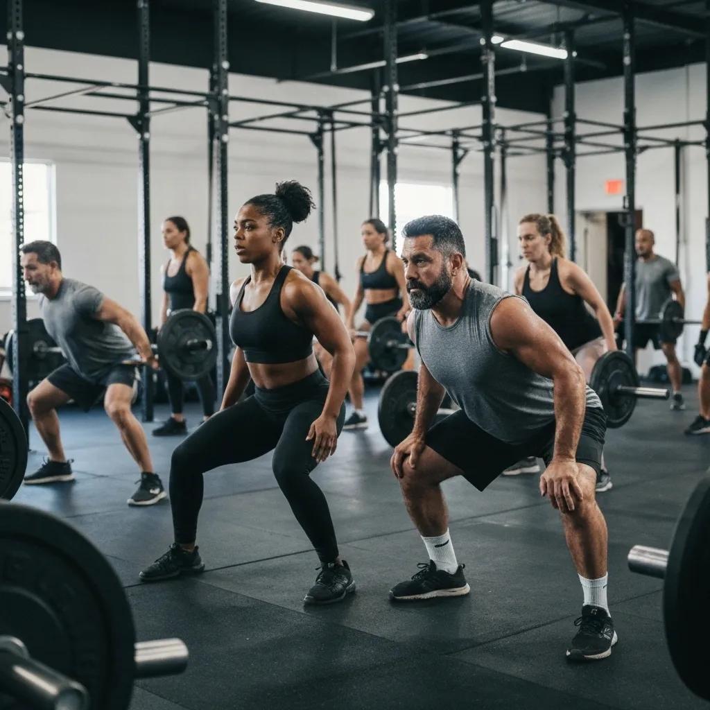 Group of individuals engaged in a strength training class, showcasing teamwork and fitness
