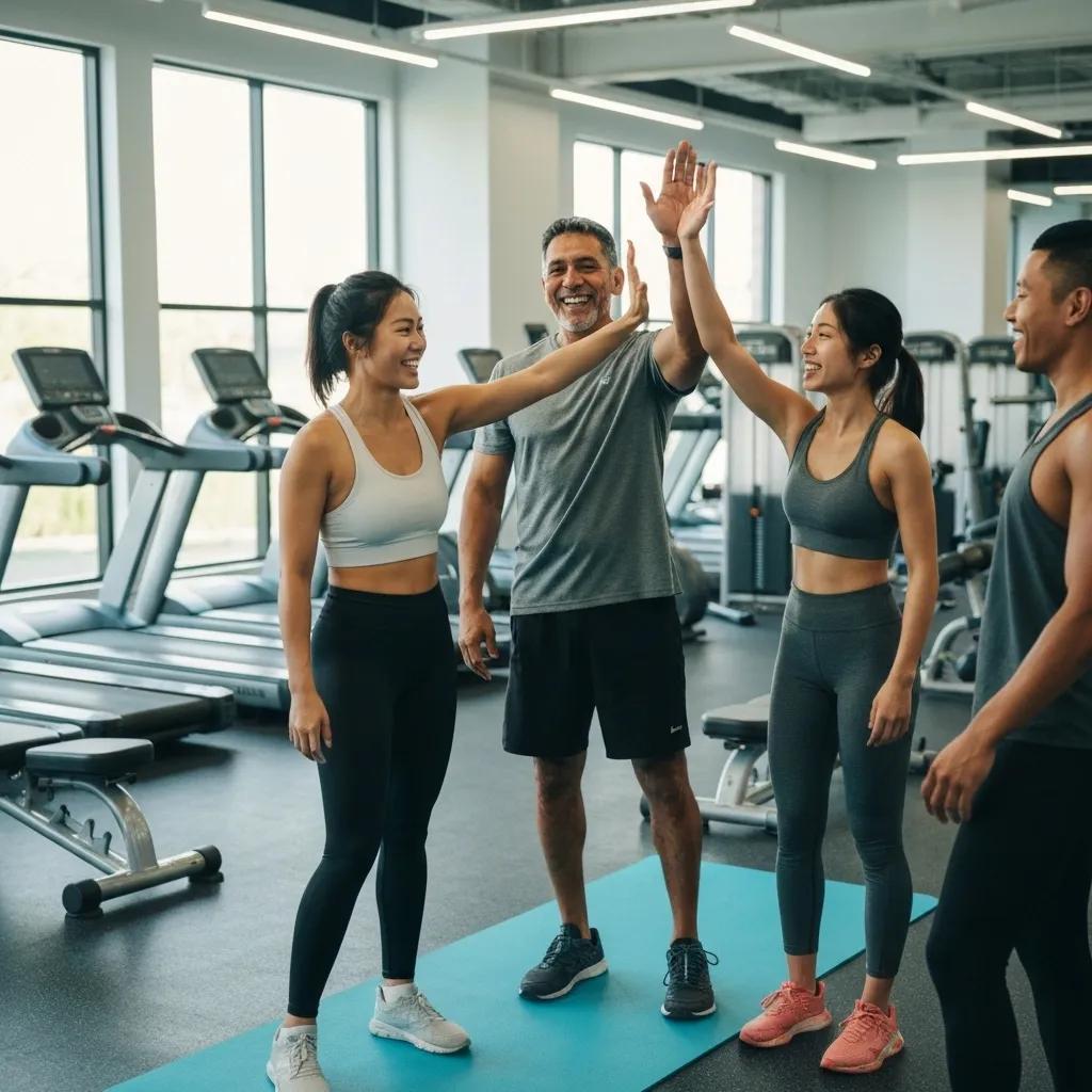 Group of clients celebrating fitness achievements, illustrating personal training success stories