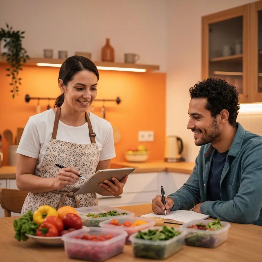 Nutrition coach explaining meal plans to a client in a cozy kitchen