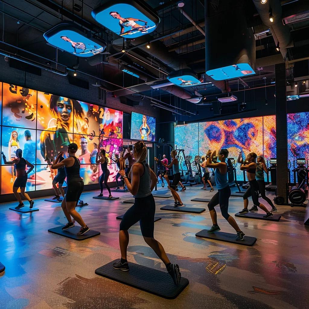 a dynamic indoor training studio filled with enthusiastic participants engaged in a high-energy small group workout, surrounded by vibrant fitness equipment and motivational wall art, showcasing the power of local community training.