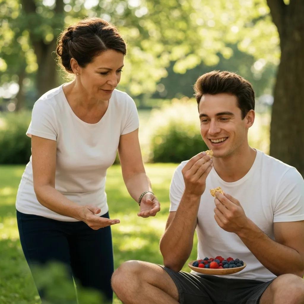 Nutrition coach guiding a client through mindful eating in a serene outdoor park setting