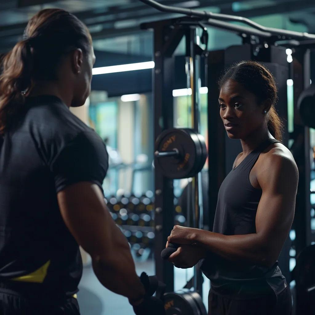a focused interior photo of a modern gym, showcasing a confident individual engaging in a personal training session with a professional fitness trainer, highlighting their dynamic interaction and effective workout techniques amidst sleek equipment.