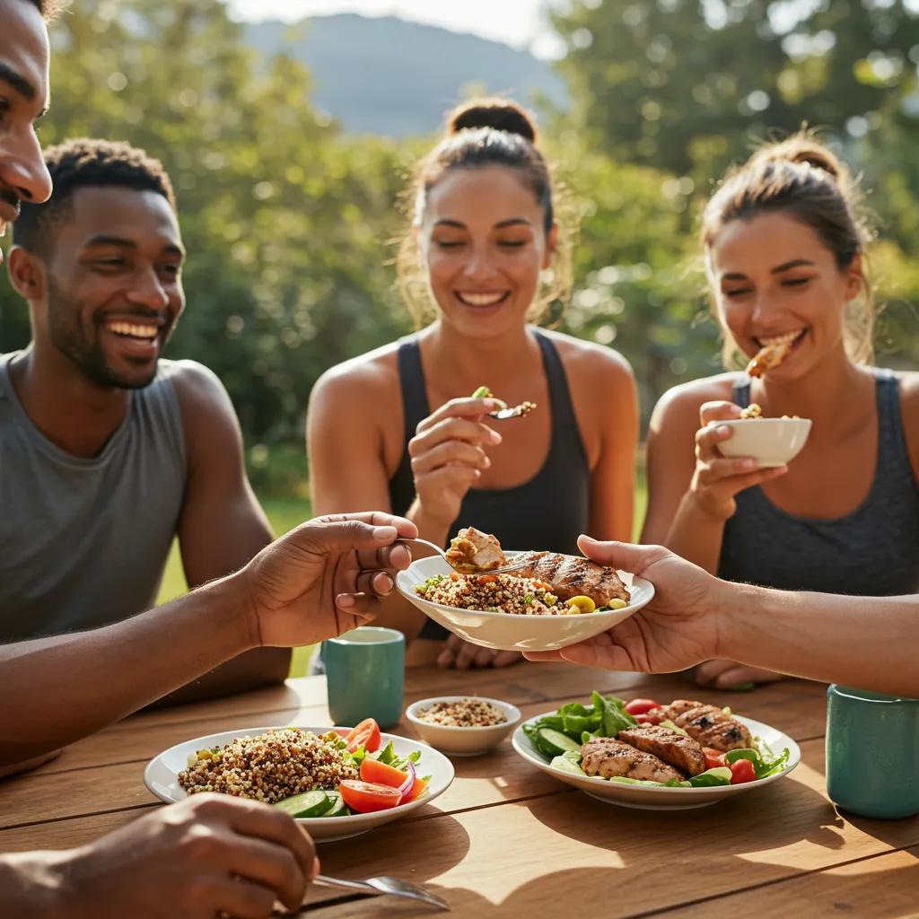 Athletes sharing a nutritious post-workout meal outdoors