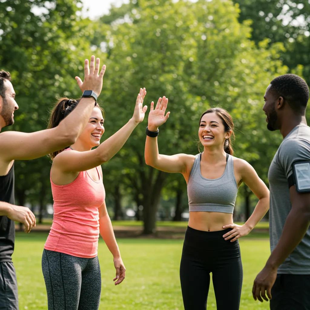Fitness participants celebrating together in a park, highlighting community support