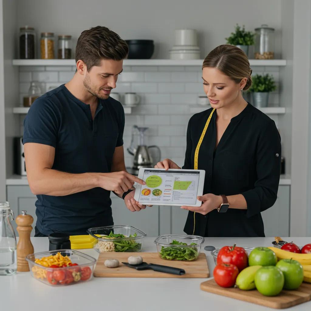 Nutrition coach discussing a meal plan with a busy professional in a bright kitchen, highlighting the importance of nutrition in fitness