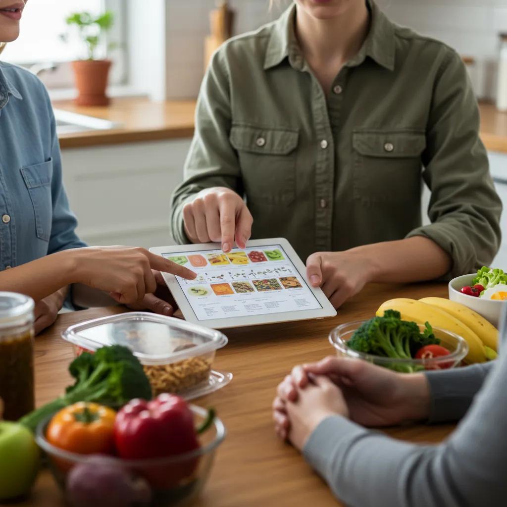 Nutrition coach explaining meal plans to a client in a cozy kitchen setting