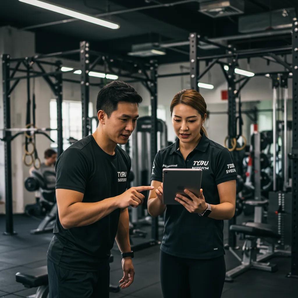 Personal trainer and nutrition coach collaborating in a gym