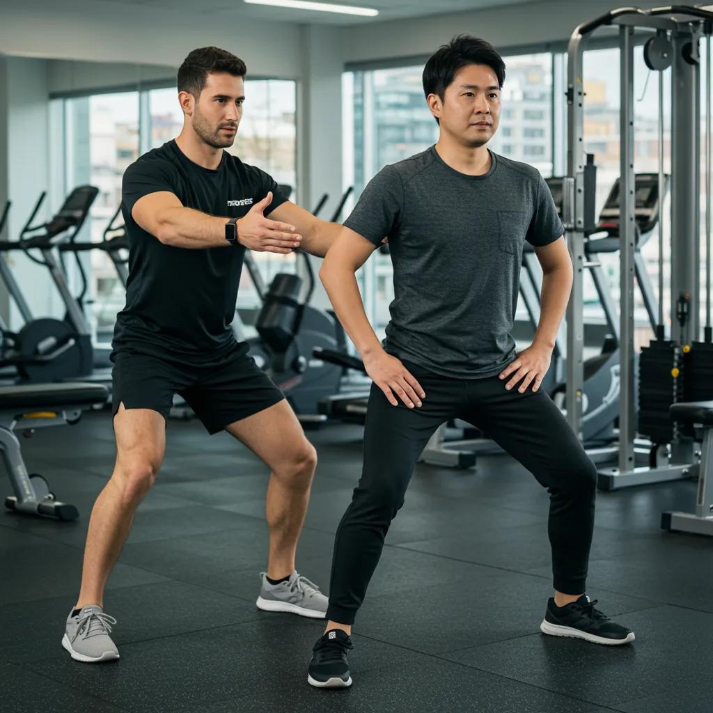 Personal trainer assisting a busy professional in a modern gym, highlighting tailored fitness solutions