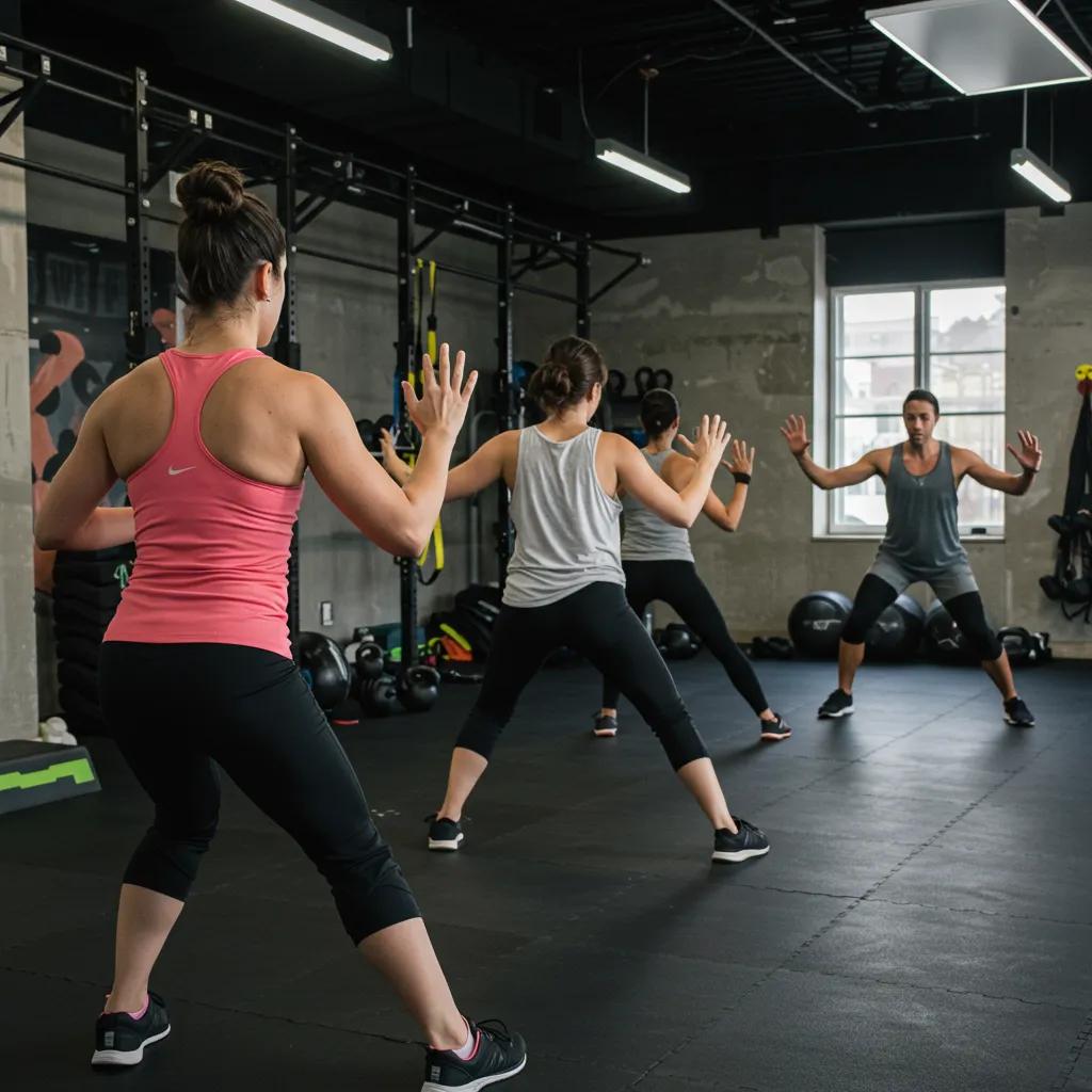Small group training class in a fitness studio, highlighting expert coaching and affordability